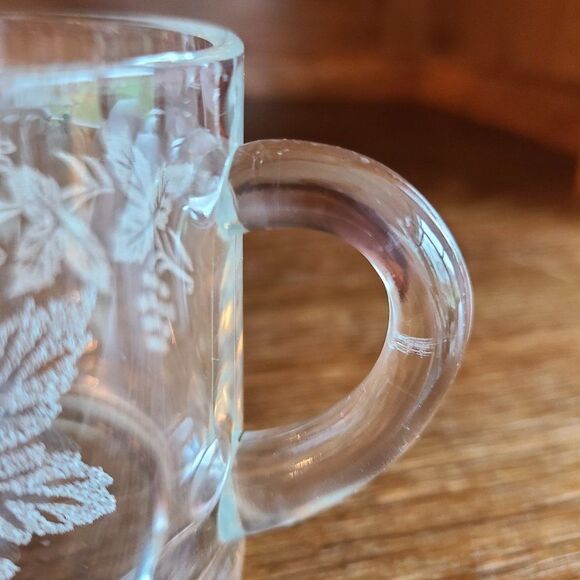 Vintage 50s Clear Glass Sugar Bowl Acid Etched With Grapes, Vine And Leaf Design - Picture 12 of 13